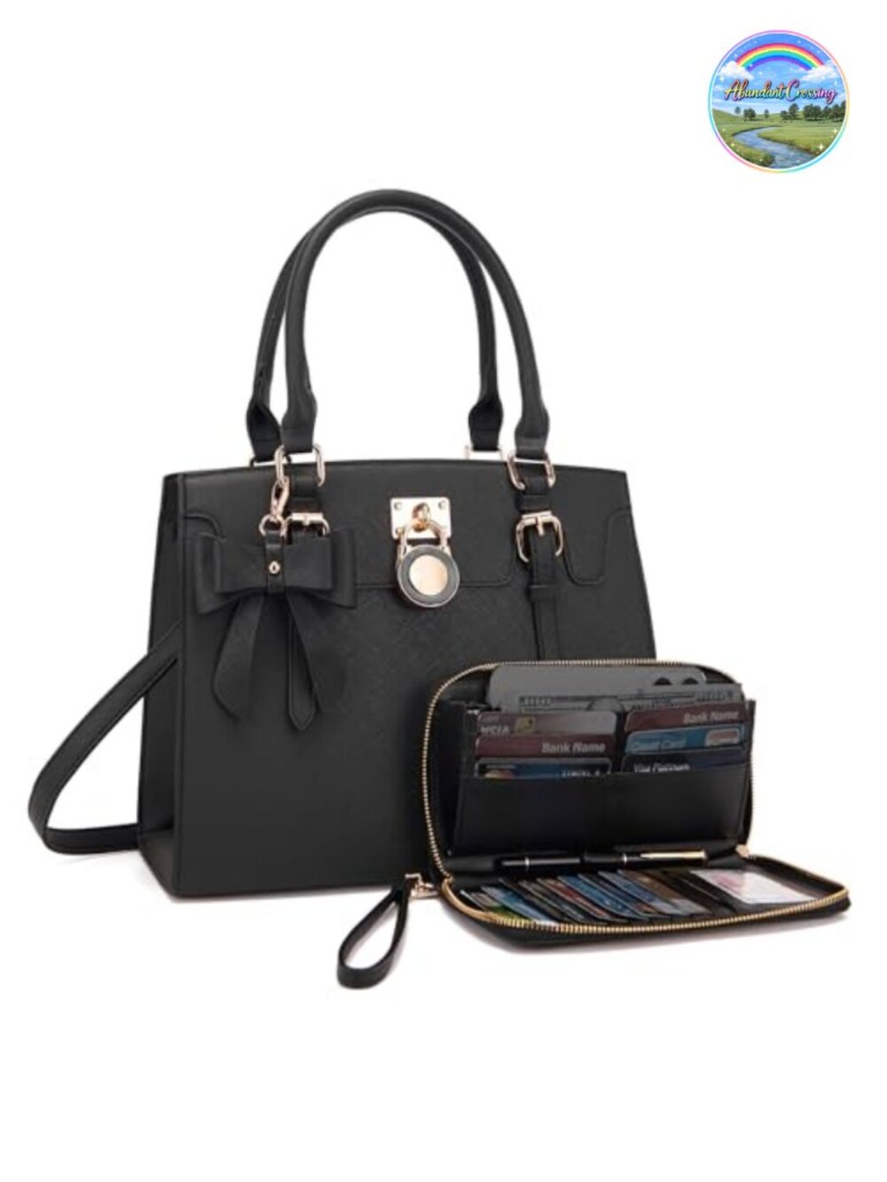 Vegan Leather Satchel Tote Shoulder Bag Wallet Set RFID Blocking